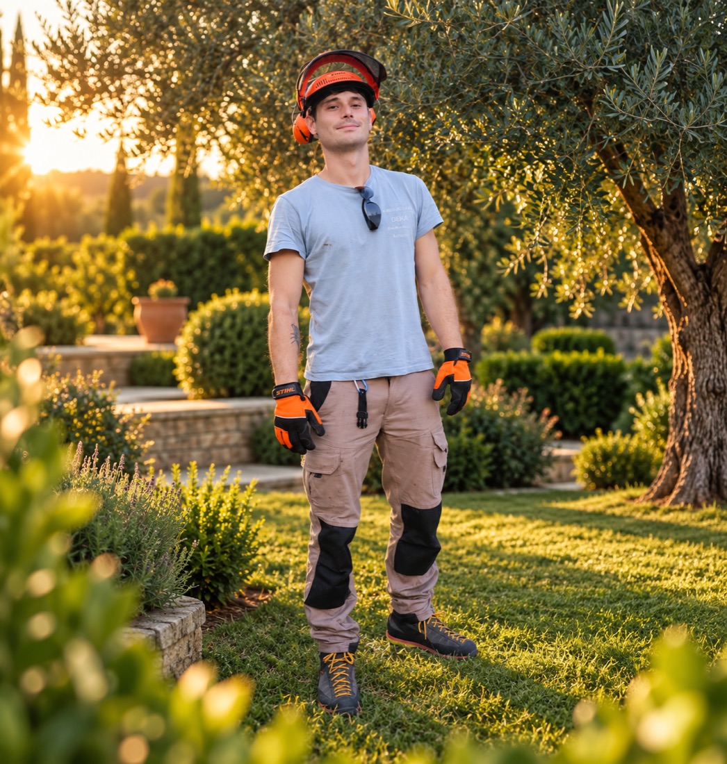 Edoardo Becheri, giardiniere di Giglio Giardini, con sfondo di giardino elaborato con intelligenza artificiale